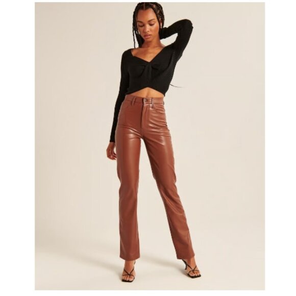 Abercrombie & Fitch The 90s Straight Ultra High Rise Faux Leather Pants Brown 14 - Picture 2 of 15